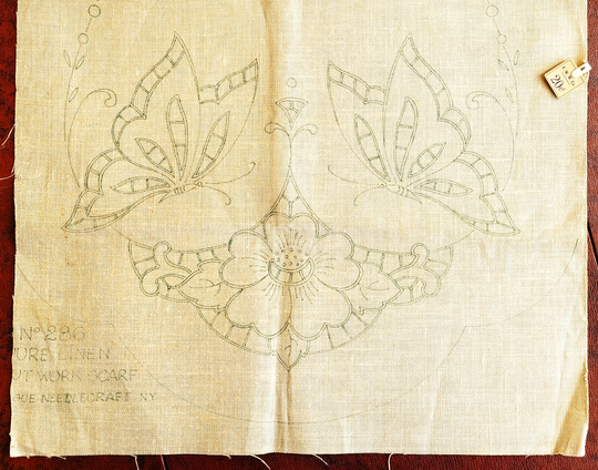 Butterfly Bureau Scarf Or Table Runner, Vogue Needlecraft, Stamped, Ready For Cutwork Embroidery, No Thread, Beige Linen, Unused Vintage Nos