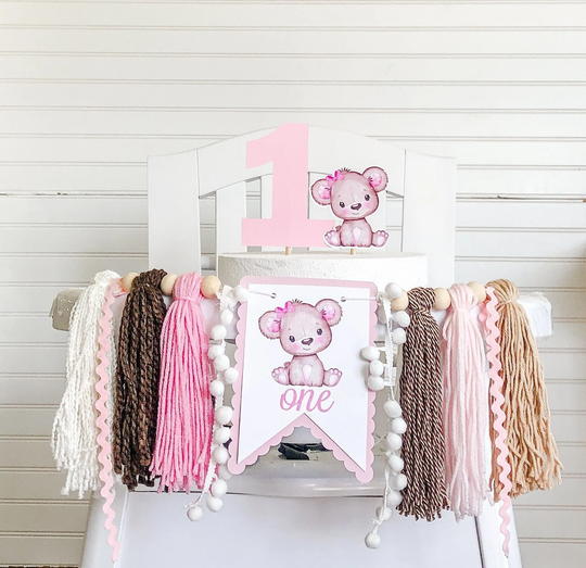 Bear Birthday High Chair Yarn Tassel Banner, Cake Smash Backdrop First Birthday, Topper