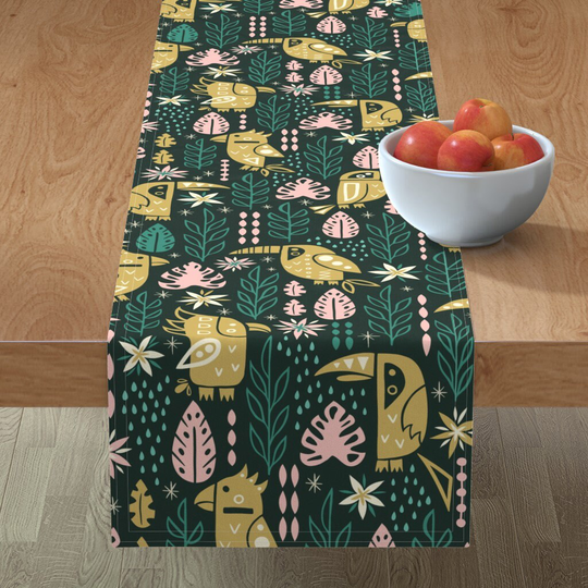 Tropical Table Runner - Busy Birds By Carysmula Pink Teal Dark Toucan Cotton Sateen Spoonflower