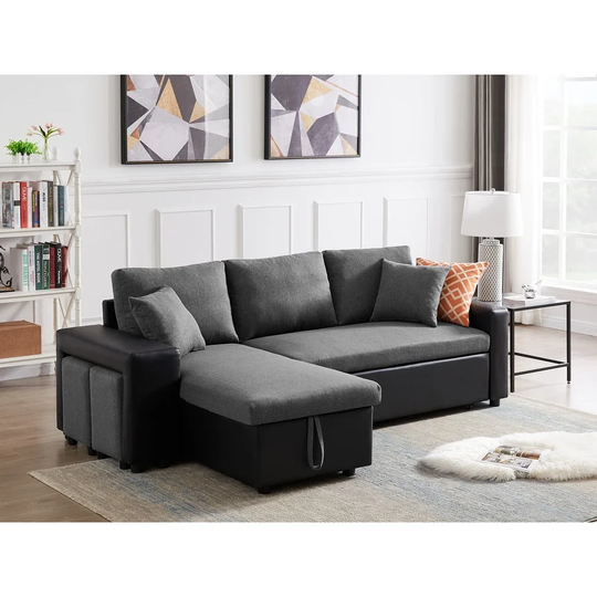 92.5" Sectional Sofa with 2 Stools, Reversible Sleeper, Linen Grey