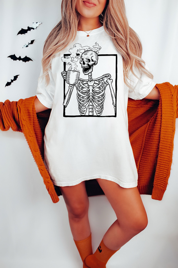 Skeleton Coffee, Comfort Colors Smile Shirt, Retro Smiley Tee, Crew Neck, Short Sleeve, Oversized, Halloween, October 31, Coffee