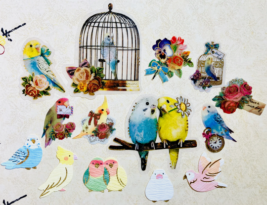 Feathered Friends Flake Sticker "Mecha-Mix" Set Of 28 Pieces, Happy Mail, Junk Journal, Collecting, Parakeets, Cockatiel, Stationery