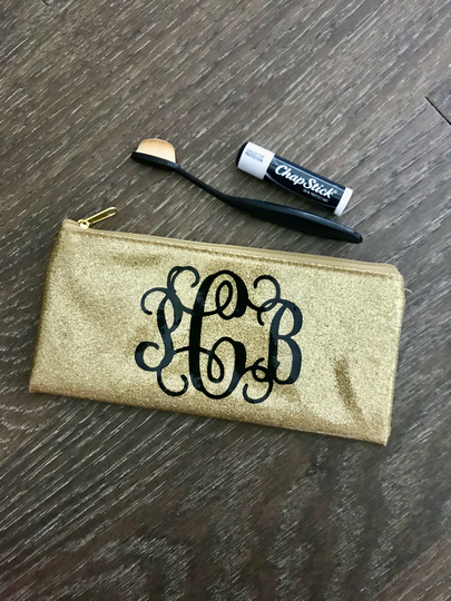 Personalized Gold Glitter Bag - Monogram Pencil Lip Gloss Cosmetic Pouch