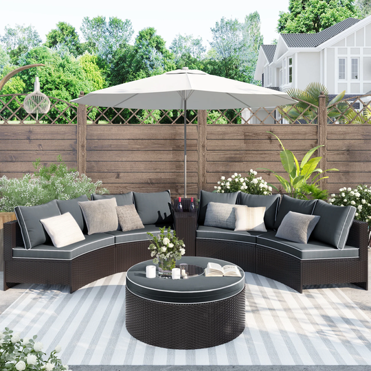 Oaks Aura 6-Piece Outdoor Sectional Half Round Patio Rattan Sofa Set, PE Wicker UV-resistant Storage Table Conversation sofa Set