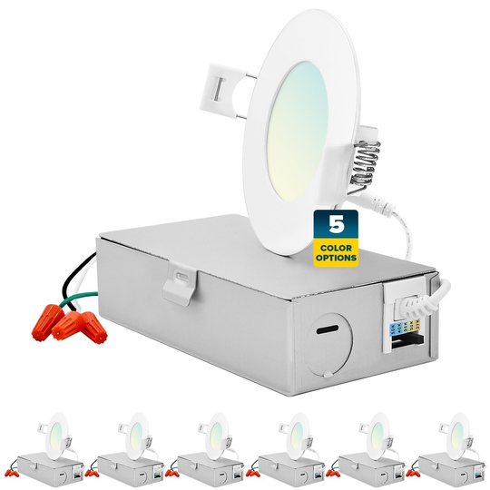 Sunperian 3 inch Ultra-Thin LED Recessed Light J-Box 5 Color Options 8W 540 Lumens Dimmable Wet Rated ETL 6 Pack