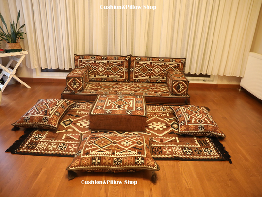 Brown Cushions Sofa Set, Sofa, Majlis Bohemian Home Decor, Custom Couch, Oriental Order Ottoman Pouffe