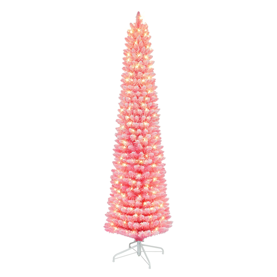 6.5 ft Pre-lit Flocked Fashion Pink Pencil Tree, 356 Tips, 200 UL Clear Incandescent Lights