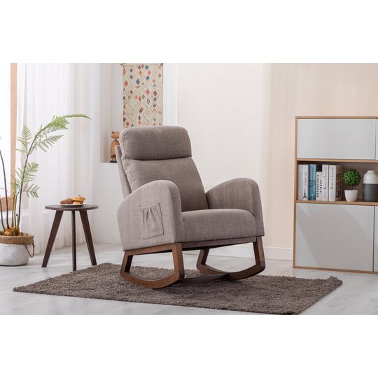 Comfortable Rocking Chair, Living Room Upholstered Lounge Chairs with High Backrest and Cozy Armrest, Solid Rubber Wood Leg