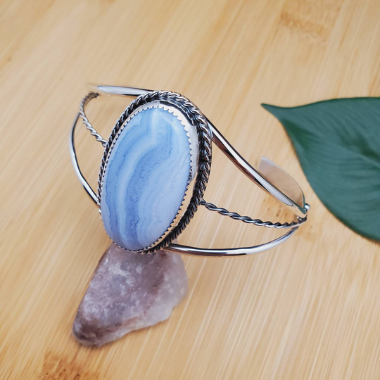 Socute925 Blue Lace Agate Cuff Bracelet | Sterling Silver Southwest Signed Sonny Tn Made in Usa
