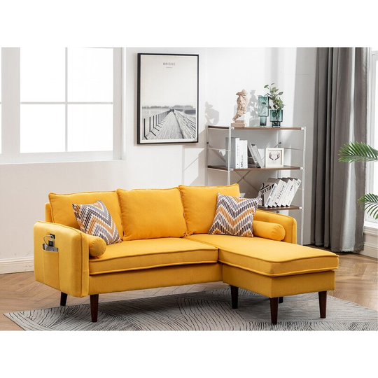 Mia Yellow Linen Fabric Sectional Sofa Chaise with USB Charger & Pillows