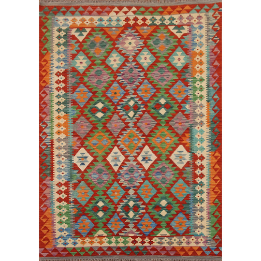 Kilim Area Rug Multi-Color Reversible Flat-weave Wool Carpet - 5'0" x 6'7"