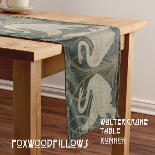 Swan Table Runner, Walter Crane Setting, Purple Flower, Nature Decor, White Floral Placemat, Napkins, Tea Towel