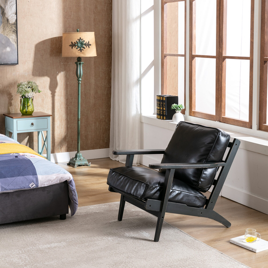 Lounge Chair PU Leather Upholstered Accent Chair Solid Wood Frame Black Antique Painting with Removable Cushion Arm Chair