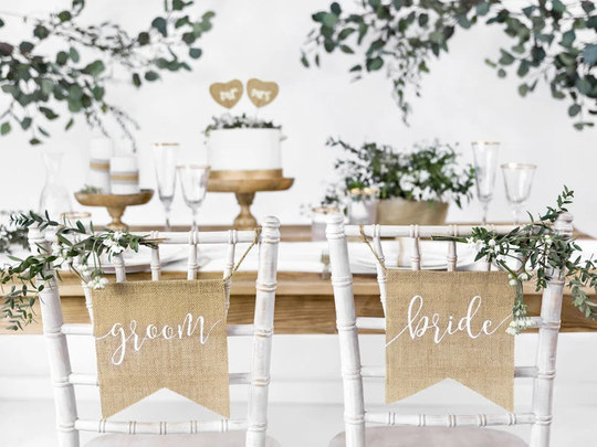 Burlap Bride & Groom Wedding Chair Sign, & Decorations, Mr Mrs Signs, Rustic Venue Decor, Top Table Decor