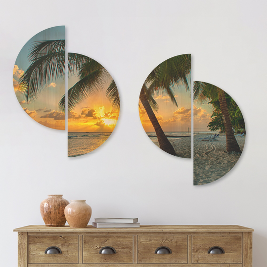 Designart 'Beach in Caribbean Island of Barbados' Modern Seascape Wood Wall Art Set of 4 Half Circles - Multi-Color