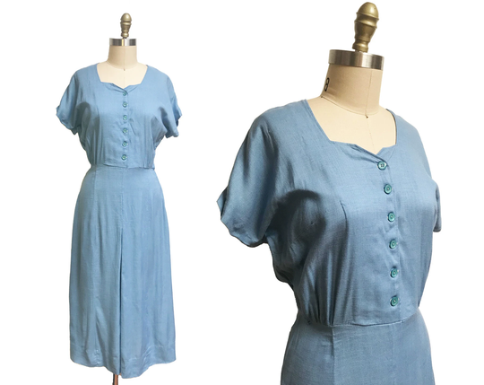 Vintage 1950S Solid Blue Dress - Button Front Pencil Skirt Waist 28"