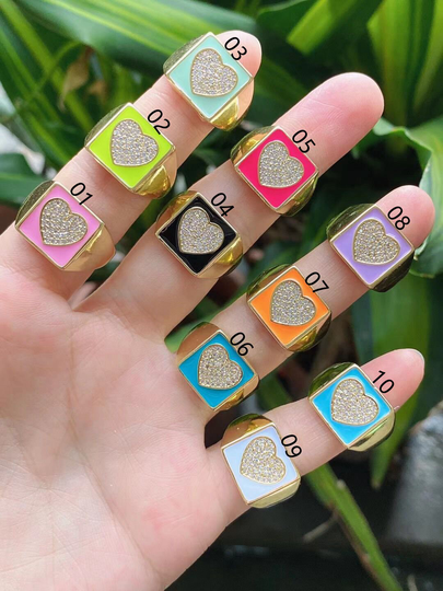 5-10Pcs, Gold Color Cz Pave Colorful Enamel Heart Ring Women Jewelry Finger Band Stacking Open Rings