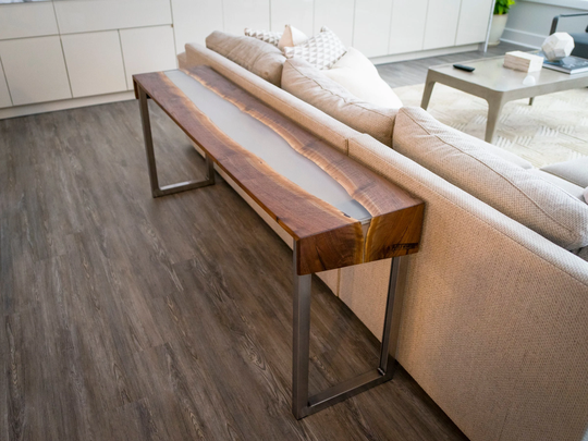 Figured Walnut River Table, Clear Epoxy, Hall Table, Foyer Sofa Console Waterfall Table
