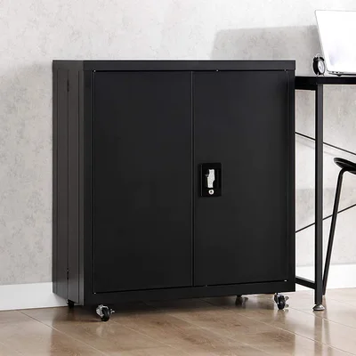 Inbox Zero Metal Storage Cabinet With 1 Adjustable Shelves And Locking Doors,gauge 24 Steel Counter Height Cabinet With Wheels For Home Office, Black