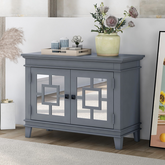 Pine Wood Storage Cabinet, Modern Sideboard with Decorative Mirror Door and Square Button Handle, Grey