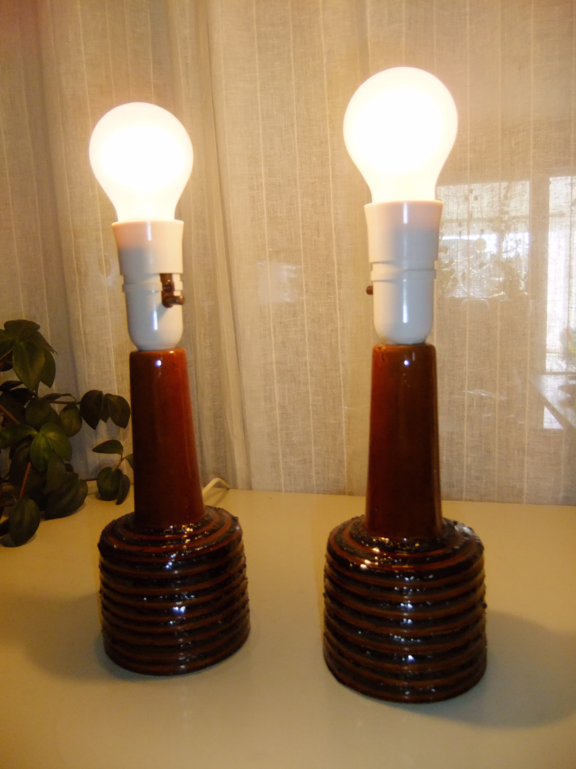 Vintage Pair Of Table Lamps - Made in Denmark Brown Ceramic 1960S
