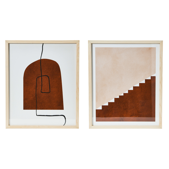 Abstract Geometric Prints with Solid Wood Frame and Glass Cover, Set of 2 - Multi-Color