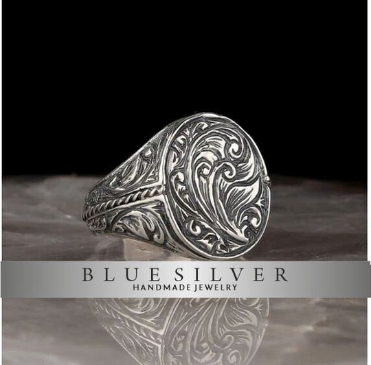 Pencil Carved Men Ring, Silver Jewelry, Vintage Gemstone Gift For Father's Day