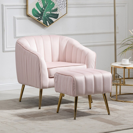 Modern Barrel Chair with Ottoman Velvet Accent Chair, Pink