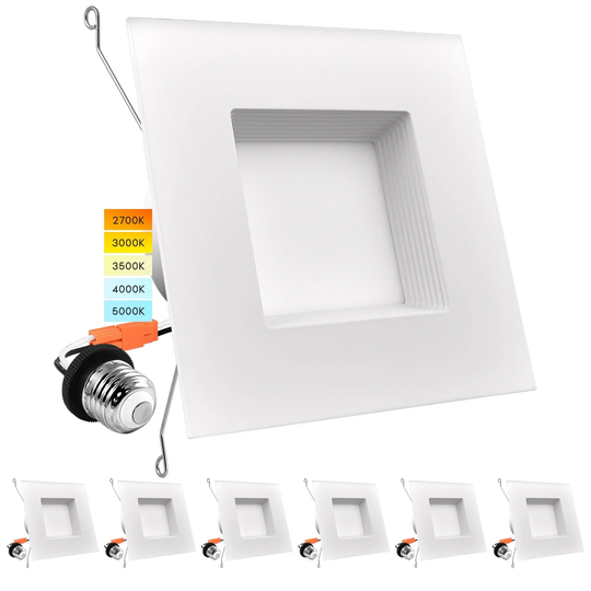 Luxrite 5/6" LED Square Recessed Lighting 5 Color Selectable 2700K, 3000K, 3500K, 4000K, 5000K Baffle Trim 6 Pack