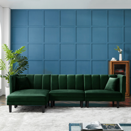 Reversible Sectional Sofa Sleeper with 2 Pillows Green Velvet Upholstered Sofa & Chaise, Detachable Armrests & Plastic Legs