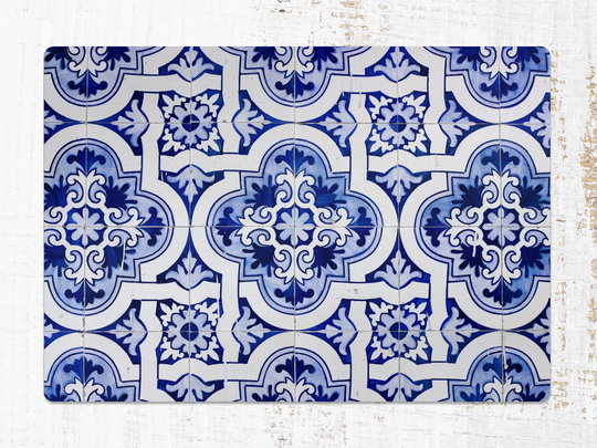 Moroccan Blue Chair Mat, White Splat Vinyl Floor Portugal Protective Pad, Office Room Rug, Kids Decor