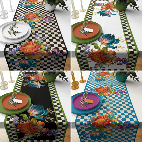 Plaid Kitchen Runner, Floral Table Spring Flowers Tablecloth, Fresh Decor, Housewarming Gifts, Dining Room Decor
