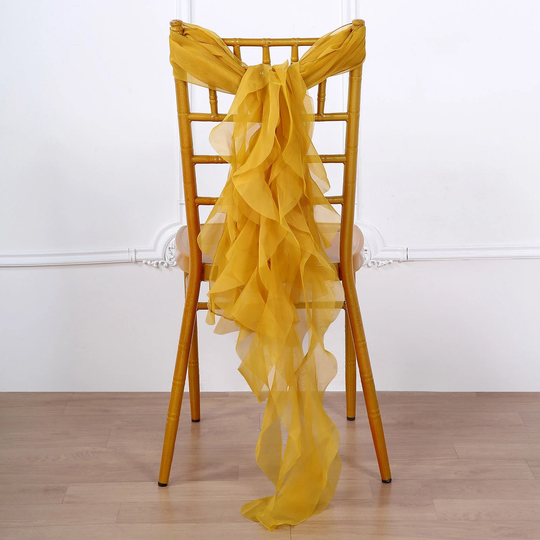 Set Of 6 Strands - Mustard Yellow Chiffon Sash For Chair Decor, Wedding Sash, Chiavari Sashes
