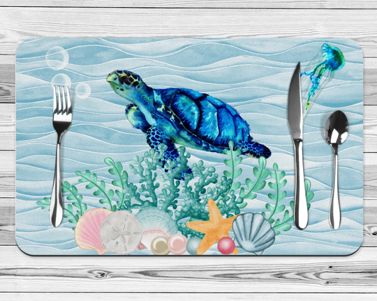 Set Of 4 Sea Turtle Table Placemats, Beach Table Decor, Coastal Decoration, Kitchen Home Decor