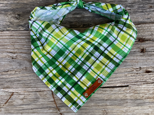 Dog Bandana, Green Stripes Traditional Tie, Personalized Leather Name Tag Bandanna, Scarf, Pet Accessories, Bandana