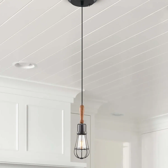 VONN Lighting 5-inch Arden Industrial Pendant with Wood Element and LED Filament Bulb in Aged Bronze