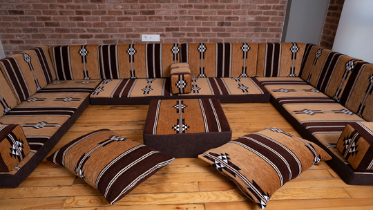 Gold Color U Shaped Arabic Floor Sofa Set, Moroccan Home Decor, Couch, Jalsah, Cushions, Pillows, Bench Cushions