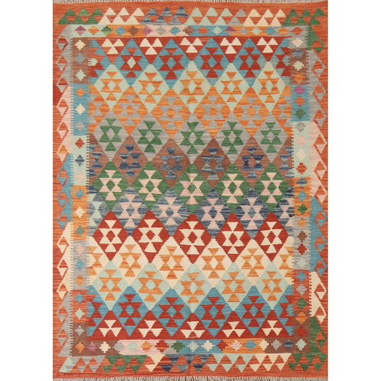 Colorful Geometric Kilim Area Rug Flat-weave Wool Carpet - 5'0"x 6'4"