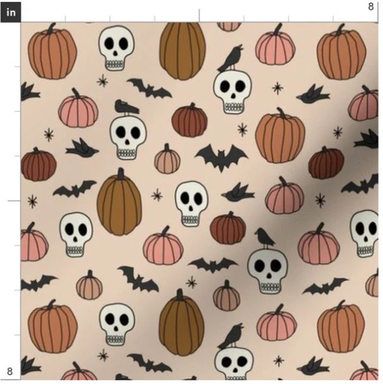 Mini Skulls Pumpkins Bats Fabric By The Yard | Miniature Halloween Bat Skull Ravens Print To Order