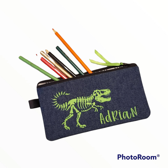 Dinosaurs Pencil Case Personalized - Green Skeleton Dinosaurs Embroidery Name Birthday Gift For Girl, Dinosaur Back To School