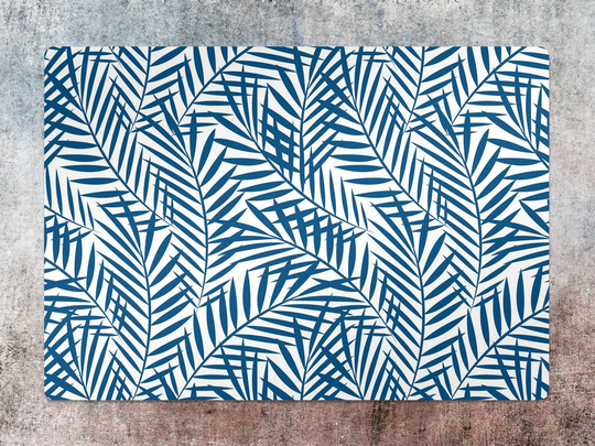 Tropical Palm Chair Mat, Navy Vinyl Floor White Protective Botanic Splat Flooring, Housewarming Gift