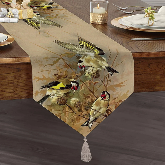 Bird Pattern Table Runner|Tasseled Chenille Runner|Triangle Runner|Decorative Tablecloth|Home Decor|Kitchen Decor|Printed Runner