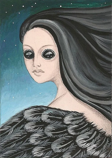 Aceo Gaze Of The Spirit Ryta Raven Crow Halloween Print Original Painting Gothic Surreal Female Woman Wall Fine Art Table Whimsical Magic