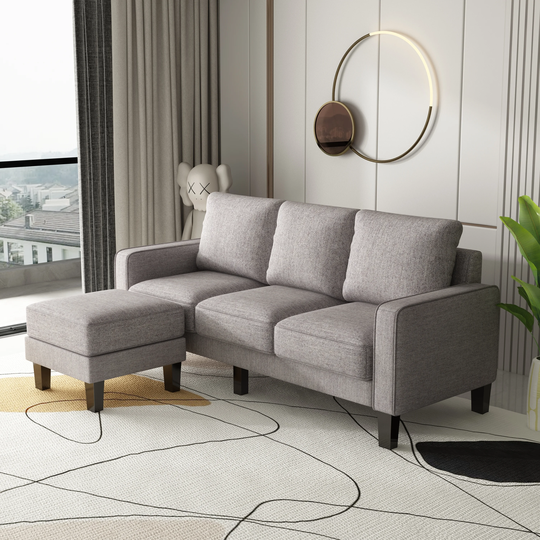 75" Fabric Upholstered L-Shaped 3 Seat Sofa with Reversible Ottoman, Comefortable Cushion and Solid Wood Legs for Living Room
