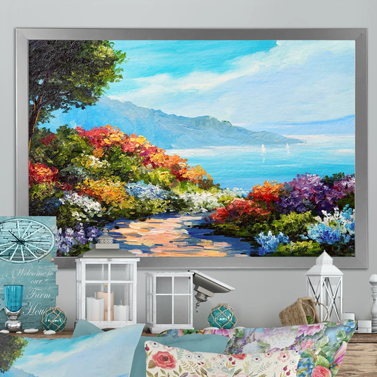 Designart 'Colorful Flowers In Coastal Scenery' French Country Framed Wall Art
