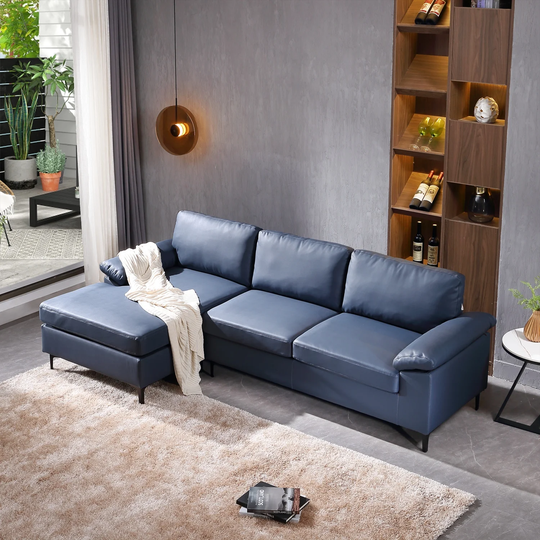 OVIOS Mid-Century Top-Grain SUEDE Leather Chaise Sofa With Cushions Metal Legs