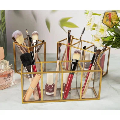 Acrylic Pen Holder 3 Compartments, Gold Pencil Organizer Cup For Countertop Desk Accessory Storage