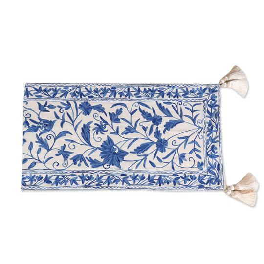 Novica Handmade Kashmir Leaves In Blue Chain-Stitched Cotton Table Runner