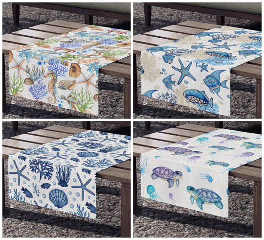 Beach Table Runner, Coastal Table Decor, Turtles Nautical Runner, Blue Runner Decor, Coastalliving Theme