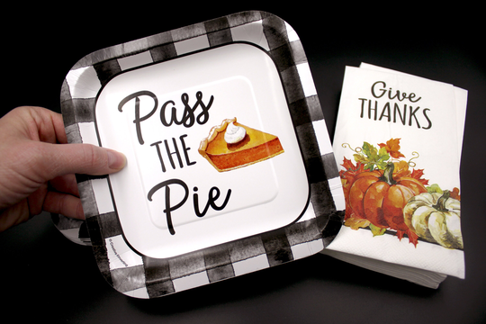 Turkey Pie Plates & Napkins Set - 20 Or 24 Pack For Thanksgiving Gobble Gobble, Give Thanks Pass The Print 7" Fall Paper